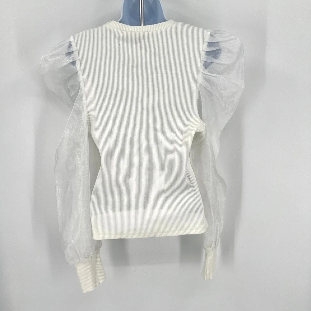 DOLAN Puff Sleeve Top Anthropologie White Ruched Sleeves Romantic Size L